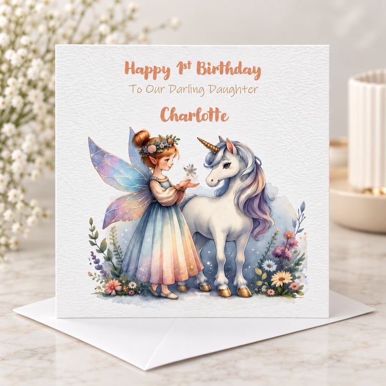 Personalised Fairy and Unicorn Birthday Card For Girl Happy Birthday