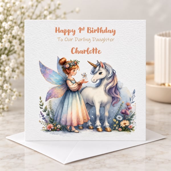Personalised Fairy and Unicorn Birthday Card For Girl Happy Birthday