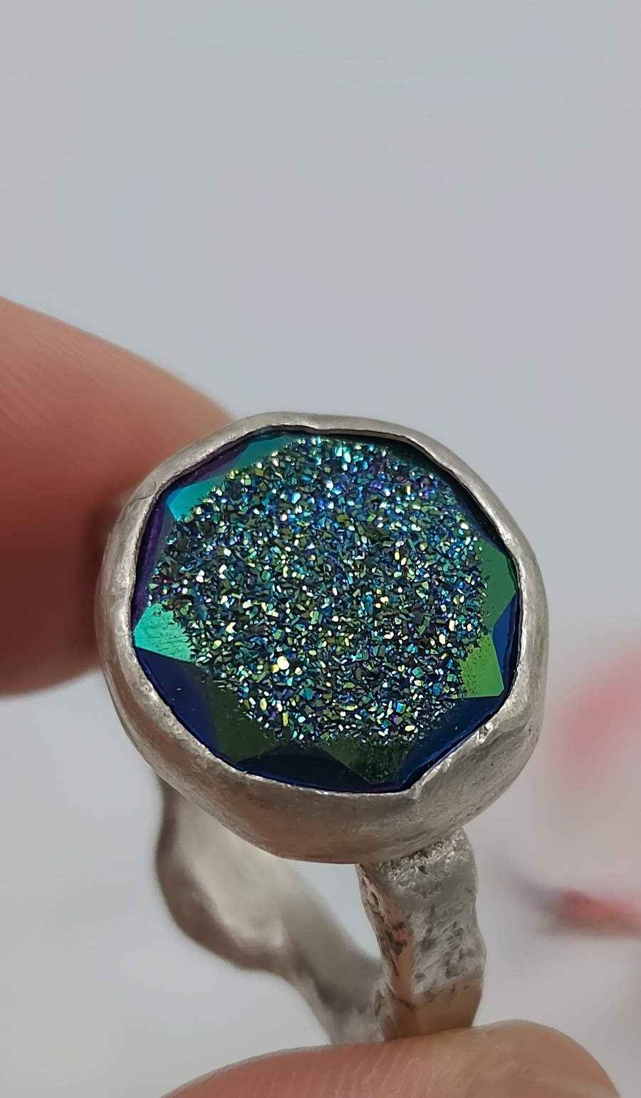 Handmade Sterling Silver Ring with Peacock Blue Druzy Cabochon