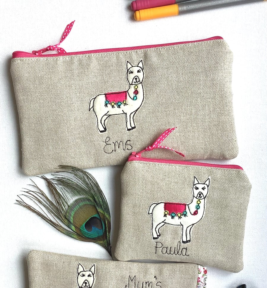 Personalised Alpaca Llama Pencil Case - Oatmeal Linen Pen Pouch - Choice of Name
