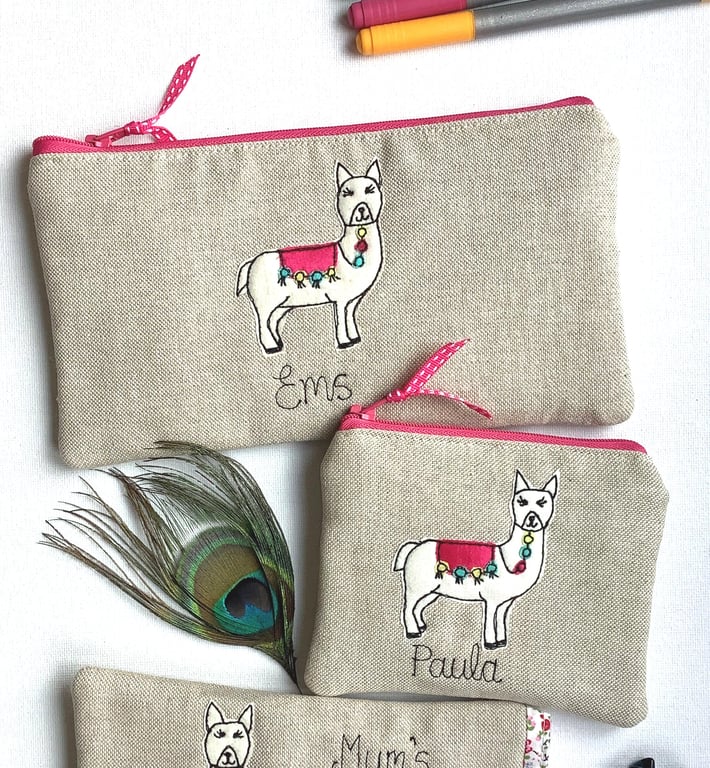 Personalised Alpaca Llama Pencil Case - Oatmeal Linen Pen Pouch - Choice of Name
