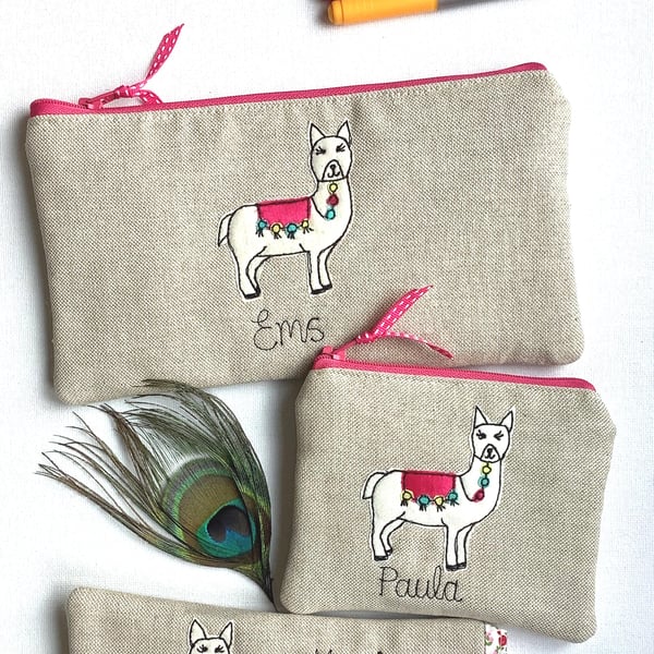 Personalised Alpaca Llama Pencil Case - Oatmeal Linen Pen Pouch - Choice of Name