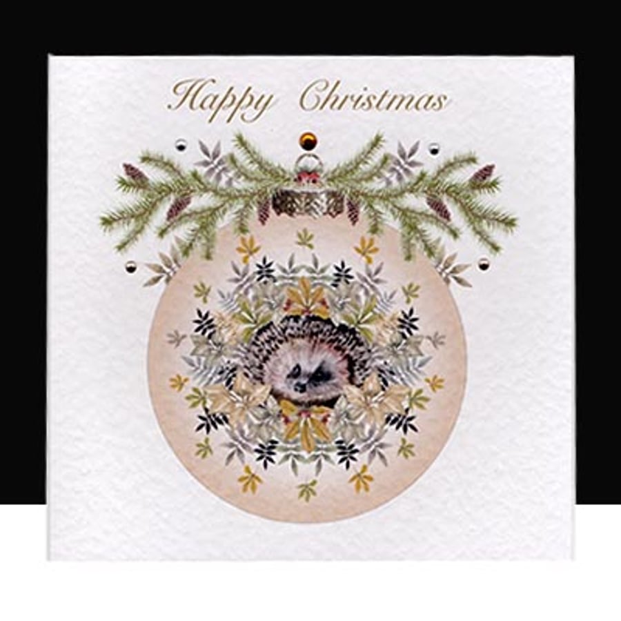 A Gold Hedgehog Christmas Bauble handmade Card