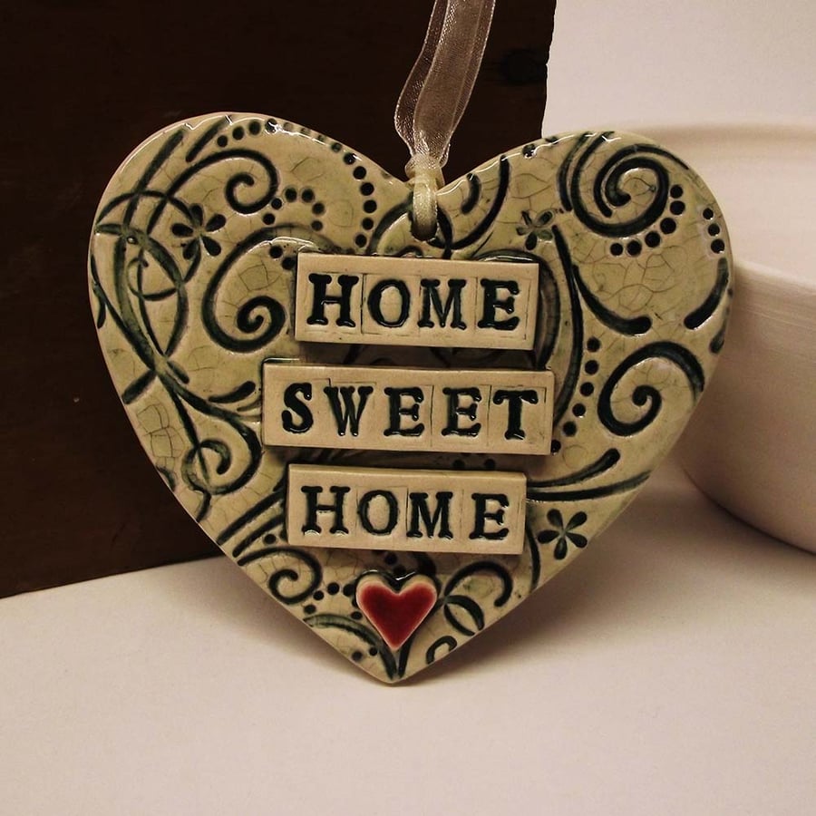 Teal Green ceramic heart decoration Home Sweet Home Pottery