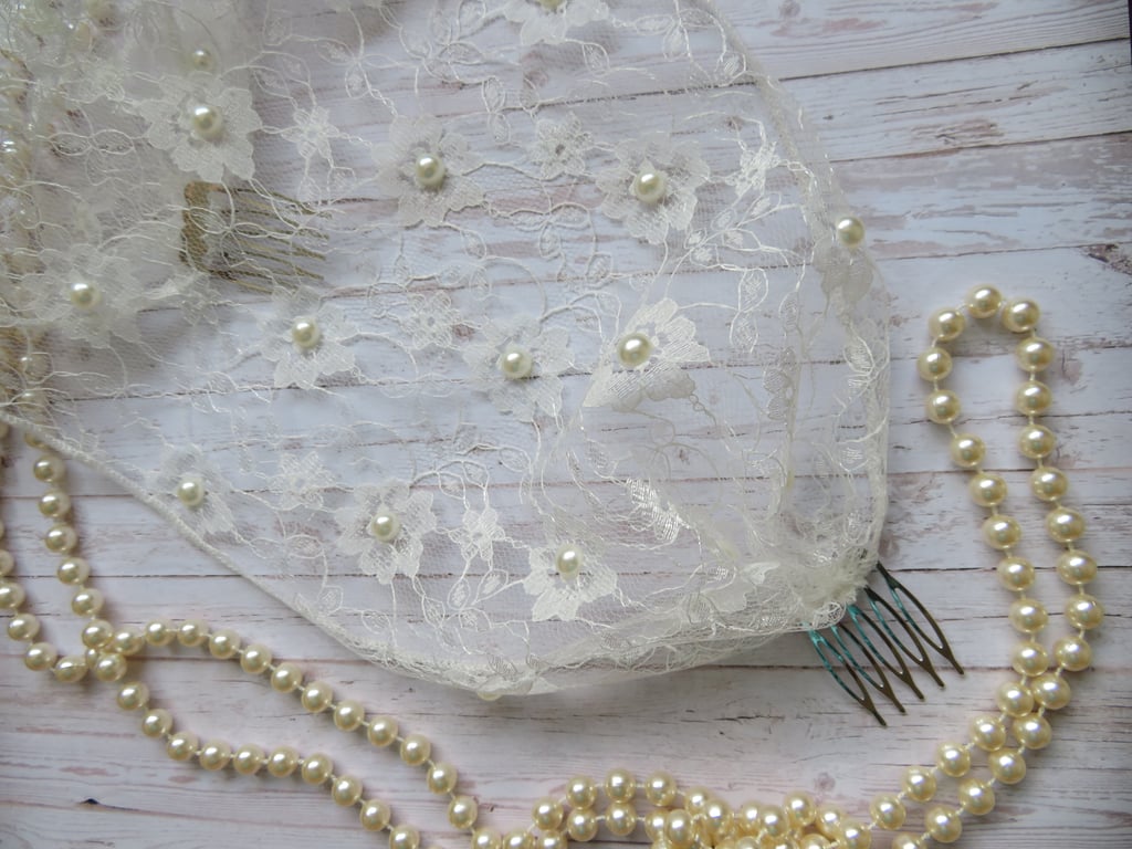 Ivory Pearl Studded Art Deco Vintage Style Bandeau Brides Veil Boho Wedding