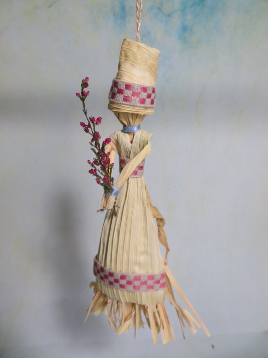 Blue Ribboned Corn Husk Doll with  Wild Heather