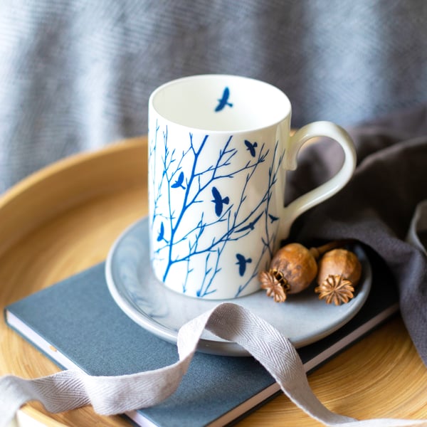 Large Fine china Flock of birds and branches mug, Anniversary gift, Teacher gift