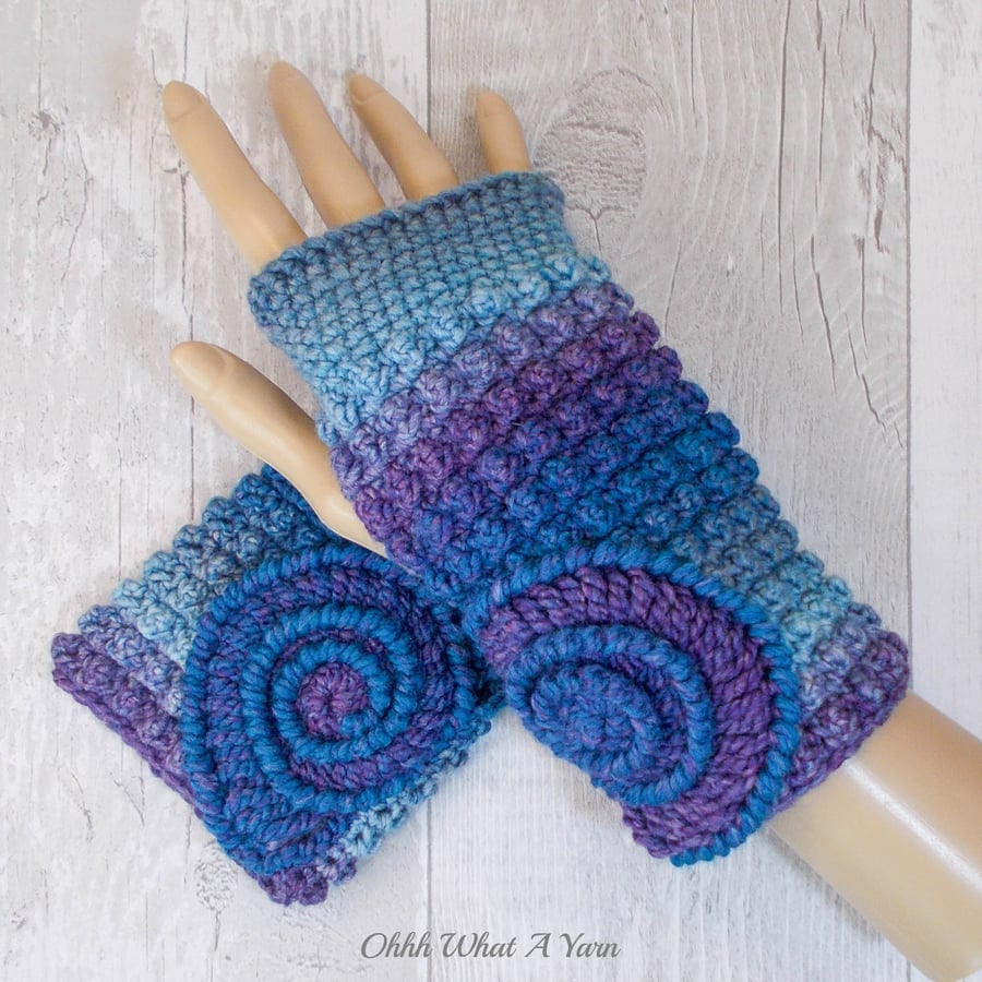 Blue and purple ammonite ladies crochet gloves, finger less gloves.  