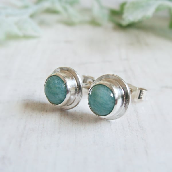 Rare Norwegian Amazonite Sterling Silver Round Gemstone Stud Earrings No.1