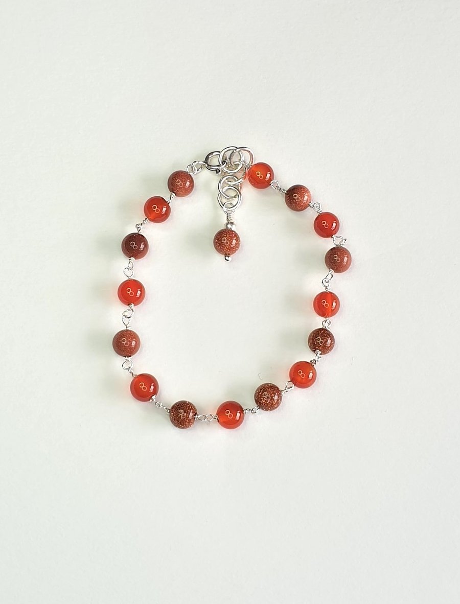 Red Agate and Sandstone Rosary linked 925 Sterling Silver Bracelet