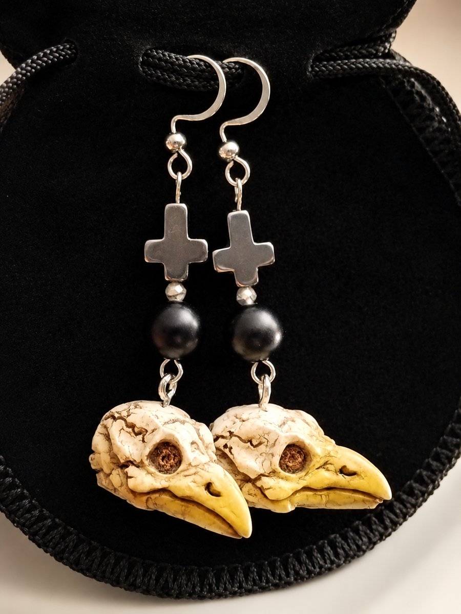 Alternative bird skull cross dangle earrings 