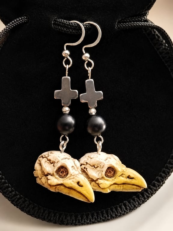 Alternative bird skull cross dangle earrings 