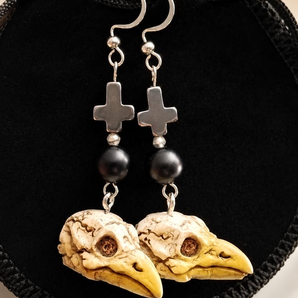 Alternative bird skull cross dangle earrings 