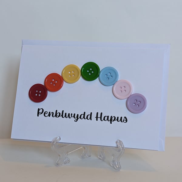 Penblwydd Hapus Happy Birthday button rainbow greetings card 