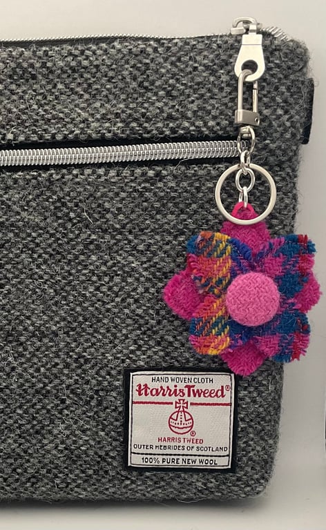 Harris Tweed Flower Bag Charm Keychain Handmade Scottish Wool 