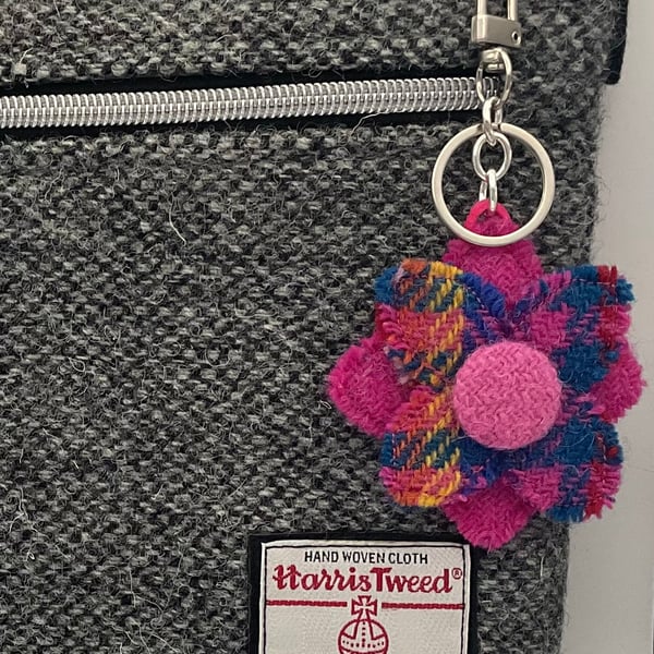 Harris Tweed Flower Bag Charm Keychain Handmade Scottish Wool 
