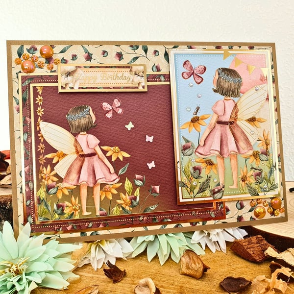 Fairy in the woods birthday card with butterflies & flowers, Happy Birthday Card