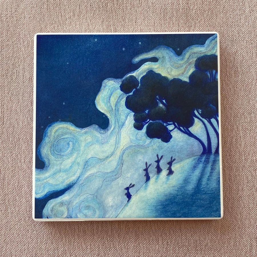 Ceramic Coaster, Rabbit Coaster - 'Moonlit Rabbits' - Drink Coaster 