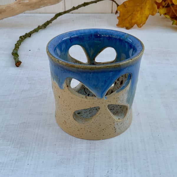 Tealight Candle Holder with winter wood & midnight rain glaze 