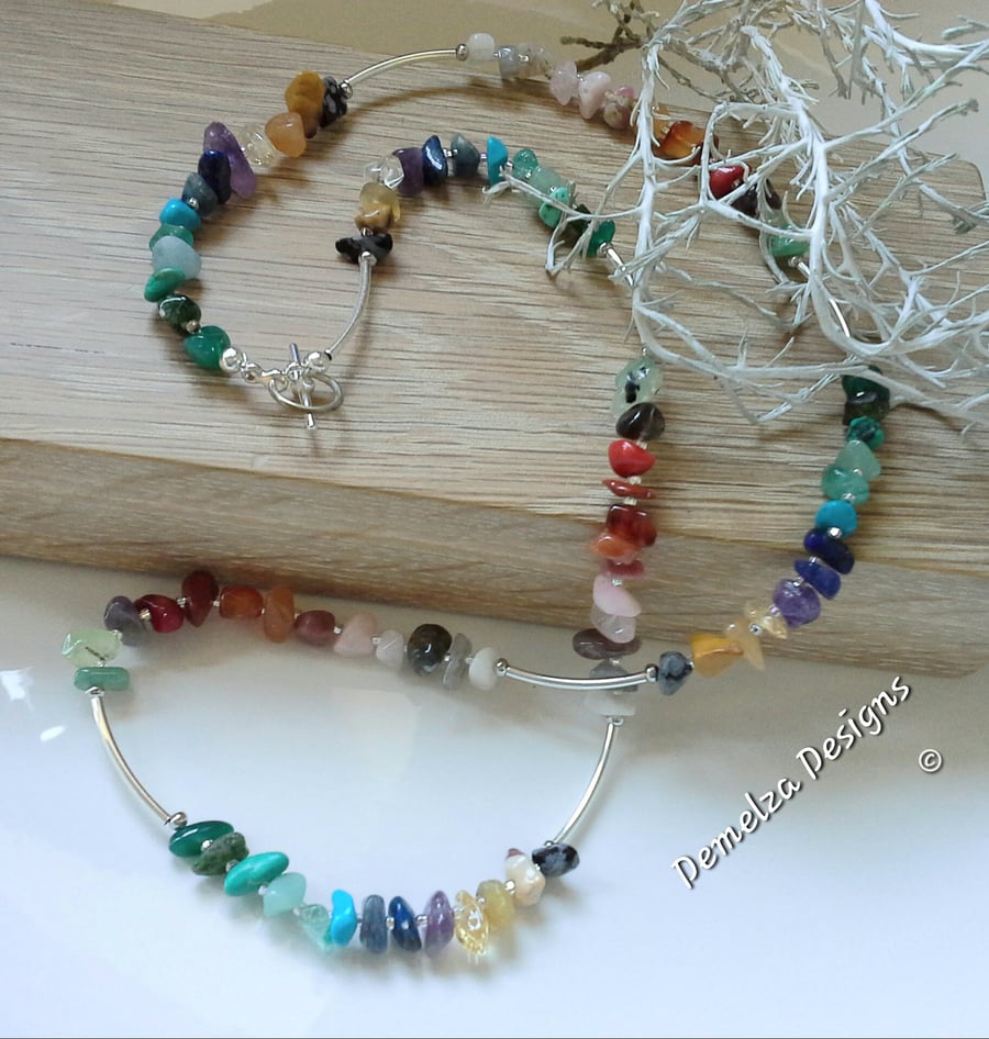 Ombre- Chakra Multi Gemstone Nugget Necklace Silver Plate