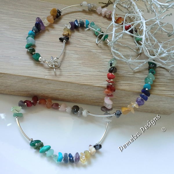 Ombre- Chakra Multi Gemstone Nugget Necklace Silver Plate