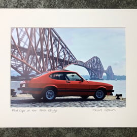Ford Capri at the Forth Bridge, Edinburgh, Signed Mounted Print FREE DELIVERY
