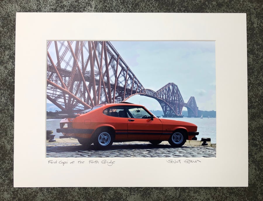 Ford Capri at the Forth Bridge, Edinburgh, Signed Mounted Print FREE DELIVERY