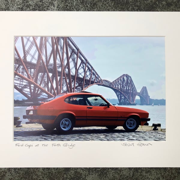 Ford Capri at the Forth Bridge, Edinburgh, Signed Mounted Print FREE DELIVERY