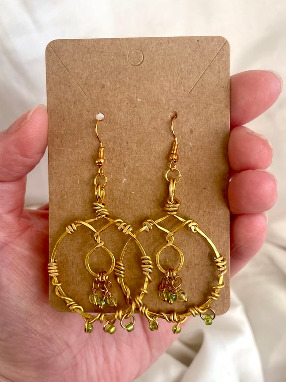 Gold and Green Dangle Hoop Earrings with Bead Accents 
