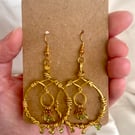 Gold and Green Dangle Hoop Earrings with Bead Accents 