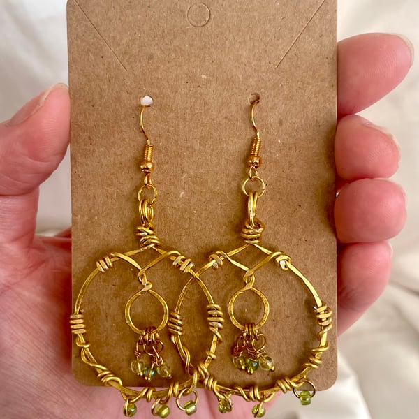 Gold and Green Dangle Hoop Earrings with Bead Accents 