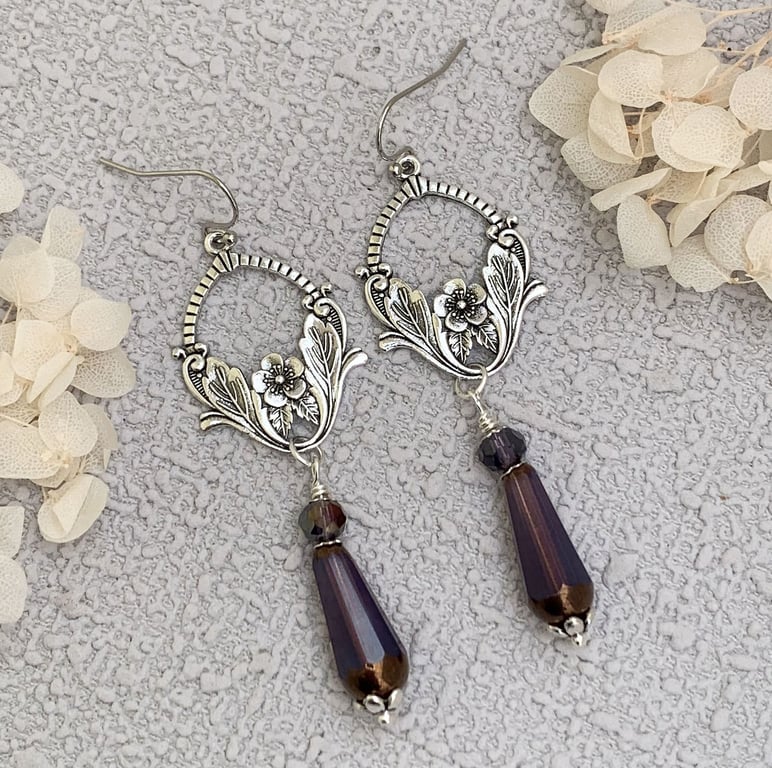 Vintage Style Silver and Purple Glass Drop Earrings