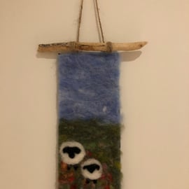 Handmade Needle felted Wall Hanging Sheep in a wildflower meadow.