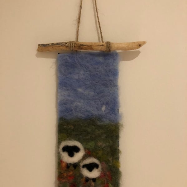 Handmade Needle felted Sheep Wall Hanging Sheep in a wildflower meadow.