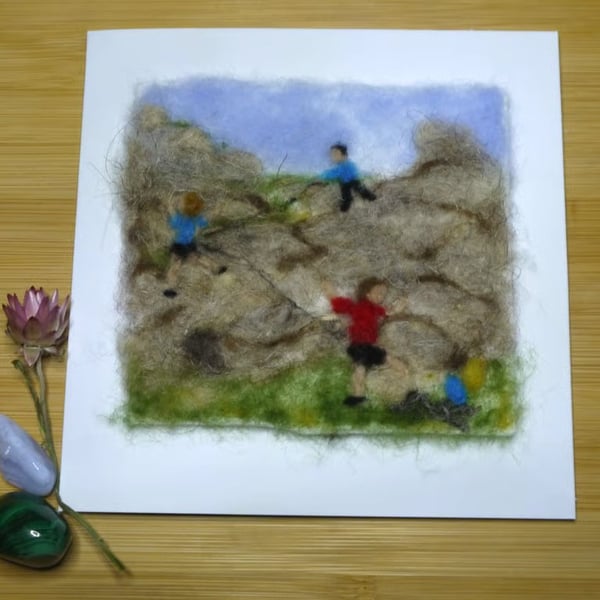 Handmade needle felted Rock Climbing greetings card