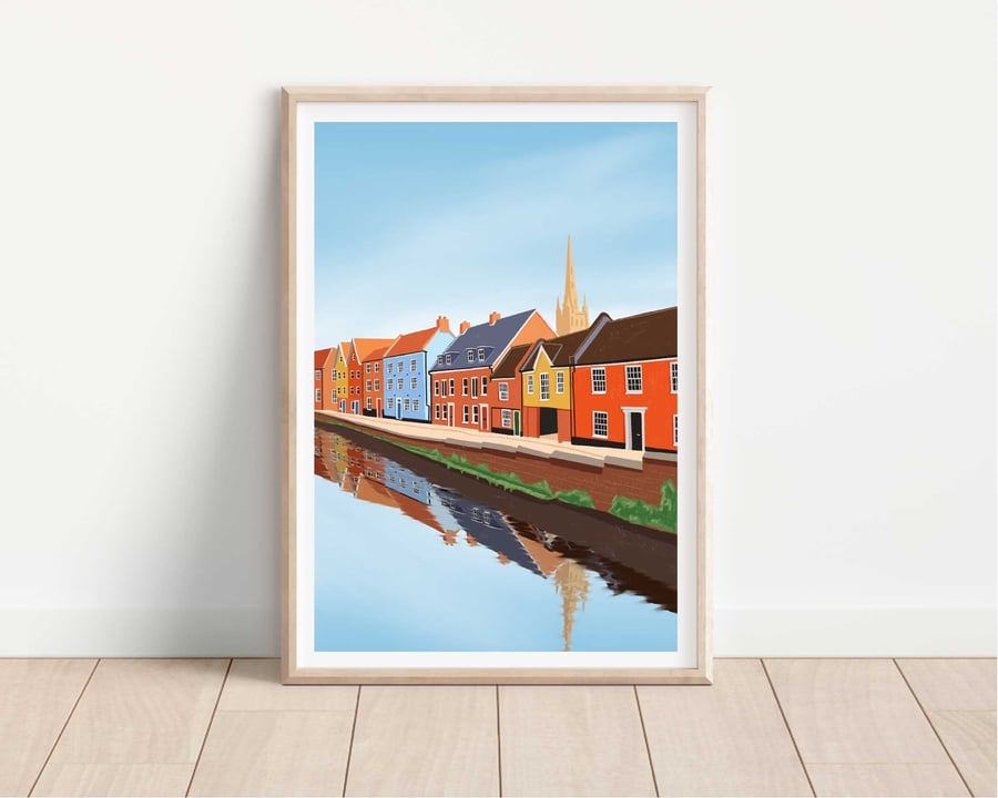 Norwich Fye Bridge Art Print: Colorful Cityscape Illustration