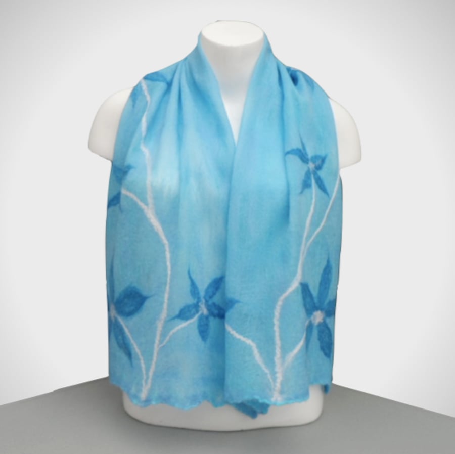 Pale blue nuno felted scarf with floral design, gift boxed