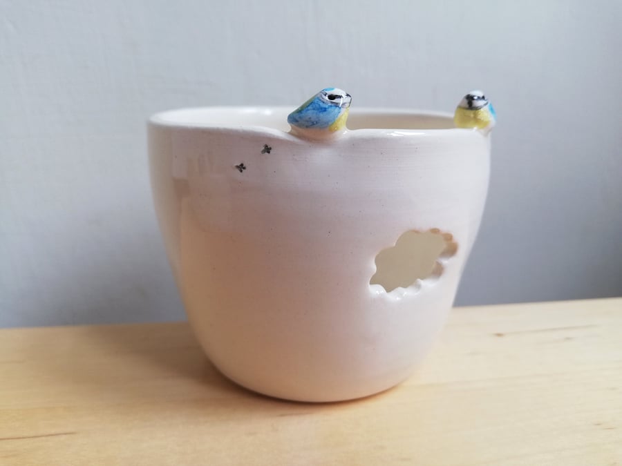 Tealight with bluetit birds, birdprints and cloud Handmade ceramic candle holder