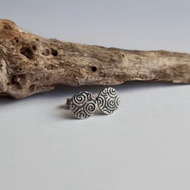 Silver Spiral Pattern Stud Earrings - Ocean Wave Studs - Oxidised Fine Silver