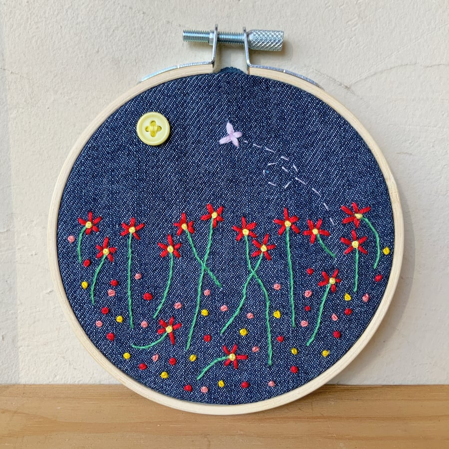 Recycled Denim. Embroidery Hoop. Embroidered Poppies. Wildflowers. Flowers.