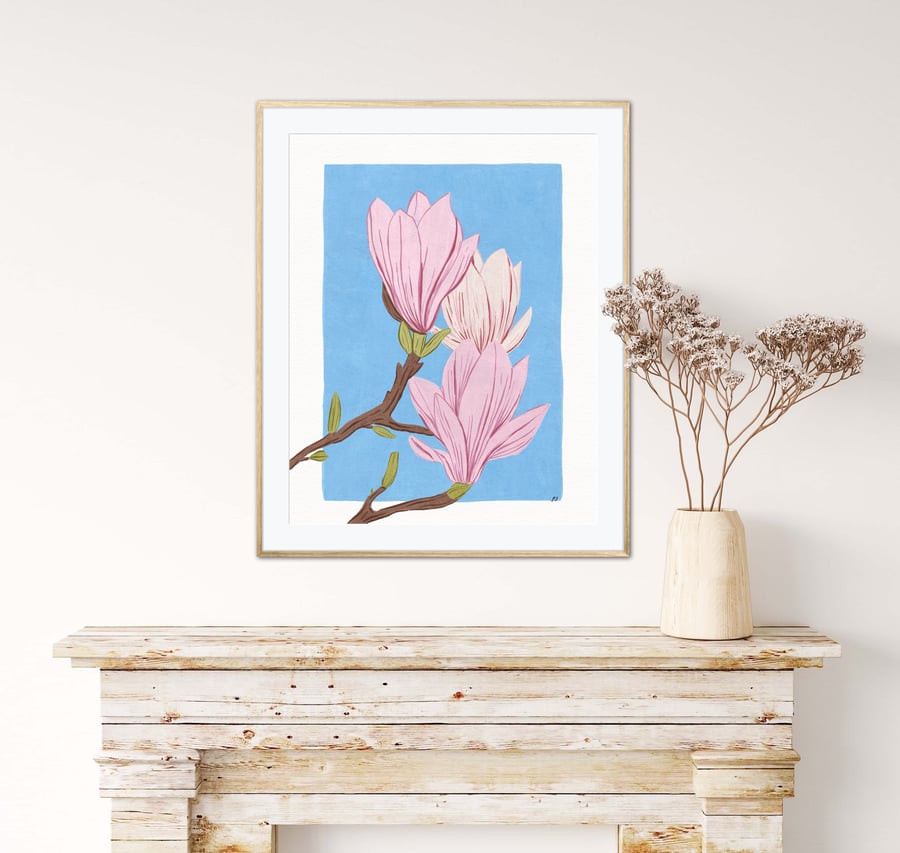 Magnolia Flowers Illustration Art Print, Flowers Wall Art, A4 Art Print