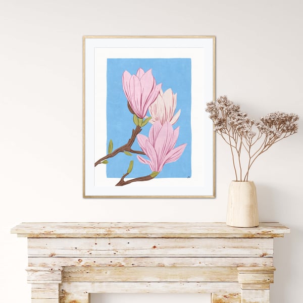 Magnolia Flowers Illustration Art Print, Flowers Wall Art, A4 Art Print