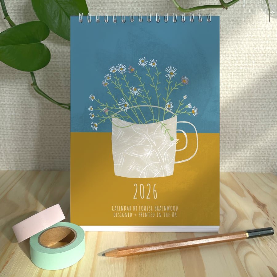 2026 Illustrated Flowers in Mugs Desk Calendar