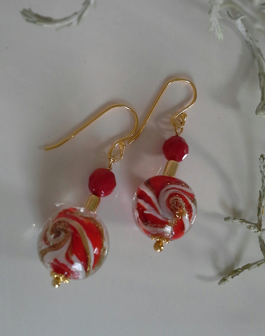 Murano Glass & Eco Reclaimed Red Coral Gold Vermeil Earrings