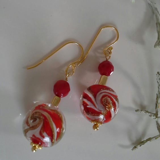 Murano Glass & Eco Bamboo Red Coral Gold Vermeil Earrings