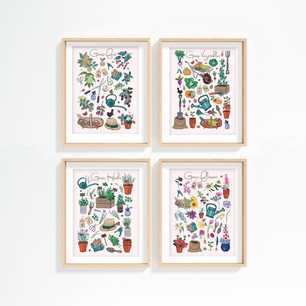 Grow A Garden Set of 4 Prints, Herbs, Flowers, Vegetables and Fruit