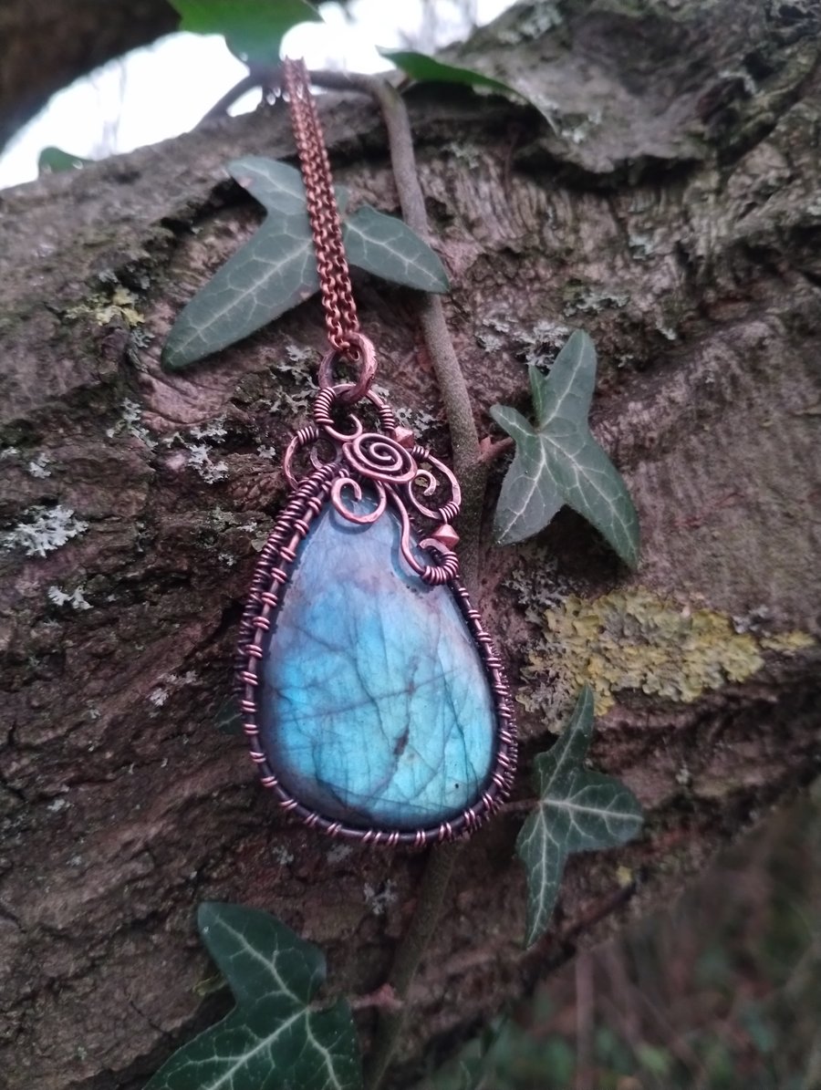 Labradorite Copper WireWrap Pendant - Whimsical Goth Gemstone WireWrap Necklace
