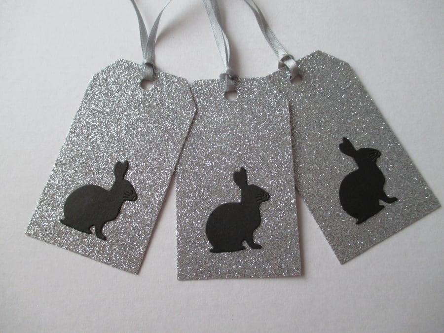 Gift Tag x 3 Bunny Rabbit Christmas Present Silver Glitter black