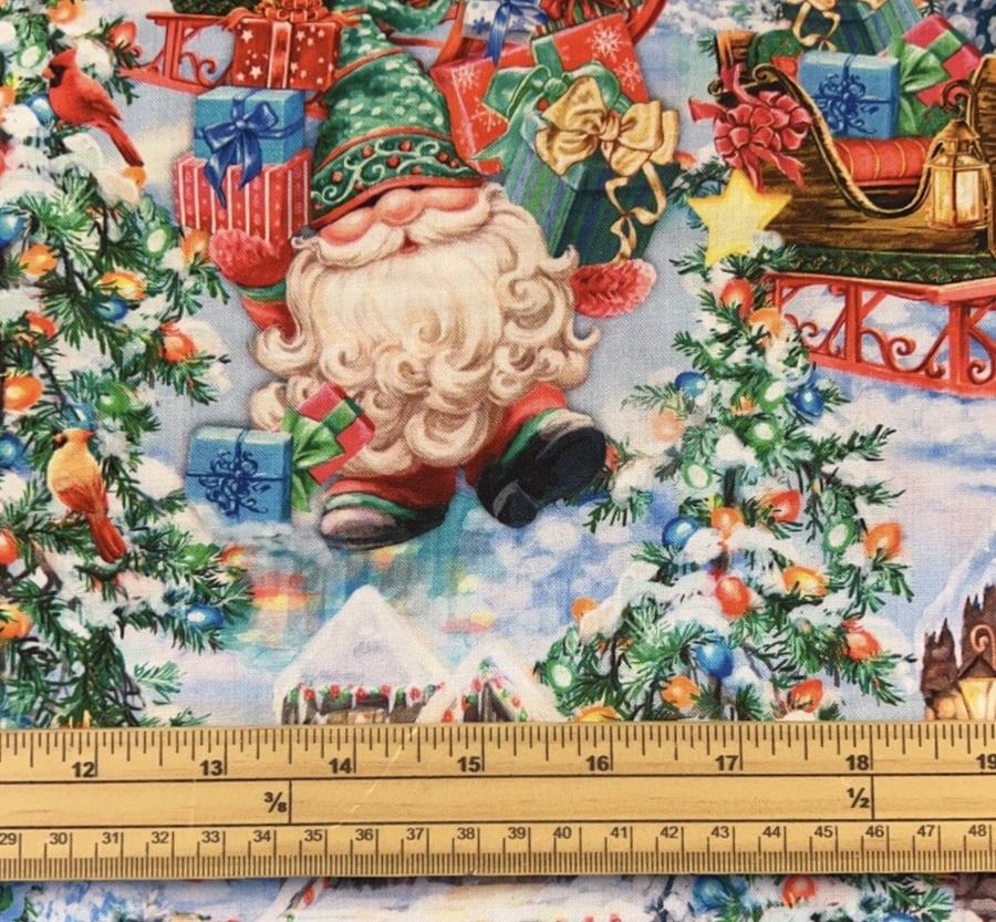 Fat Quarter Merry Christmas Holiday Winter Village Gnomes Cotton Quilting Fabric
