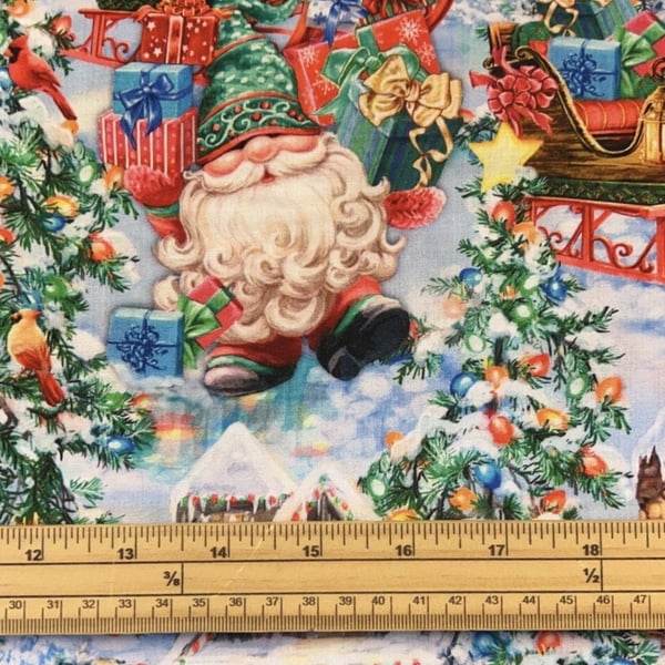 Fat Quarter Merry Christmas Holiday Winter Village Gnomes Cotton Quilting Fabric